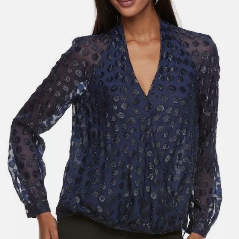 JLO Shimmering Crossover top Polka Dot Blue Long Sleeves Drape Front Blouse Sz L